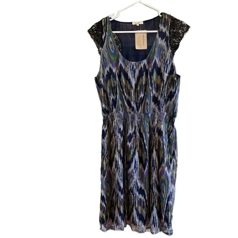 Sundance Dress Womens L Peacock Chiffon Silk Midi Whimsy Pullover NWT